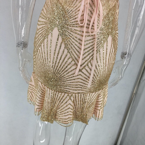 Deep V Backless Pink Mini Dress with Glitter - Picture 7 of 8